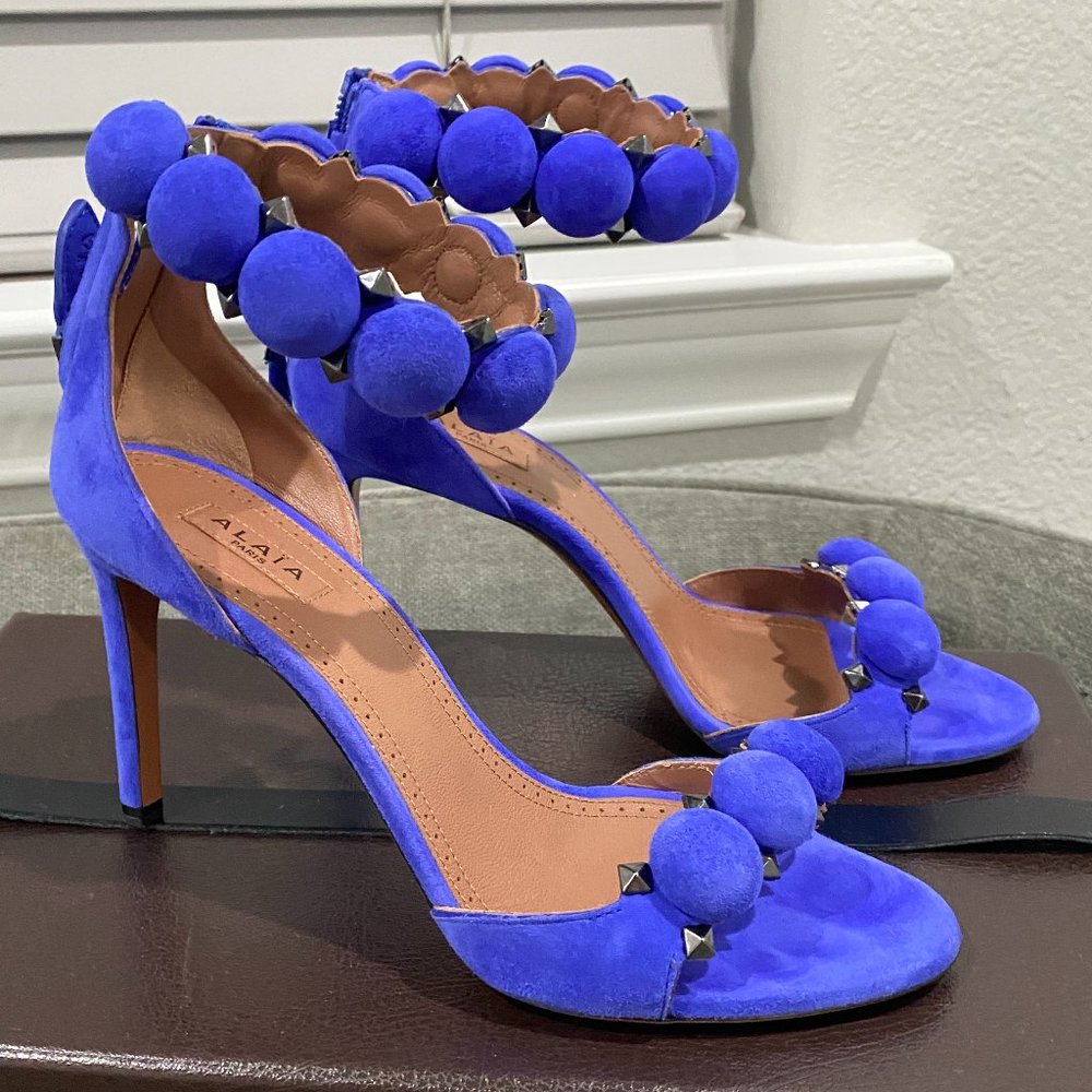 ALAÏA Bombe 90 Suede Sandals Heels in Indigo Blue (Size 36.5)